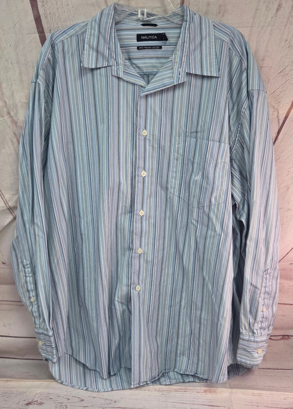 Vintage Nautica Two-Ply Cotton Blue White Striped Button Shirt XXL